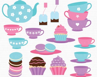 Tea Party Clipart, Kitchen, Teacup, Teapot, Tea, Morning Tea, Cupcakes, Macarons, Teabags, Cake, Party Clip Art - Commercial & Personal