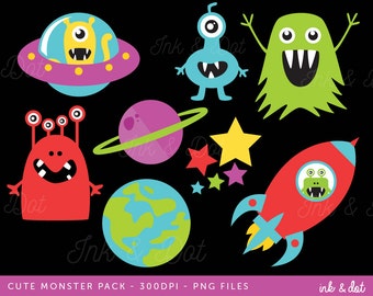 Outer Space Clip art, Aliens clipart, Spaceship, Planets, Stars, Galaxy, Boys Birthday, Earth - Commercial & Personal - Instant Download