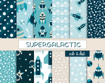 Supergalactic Digital Paper - Rockets, Planets, Stars, Astronauts, Spaceship - Blue, Universe, Outer Space, Moon, Boy - Instant Download