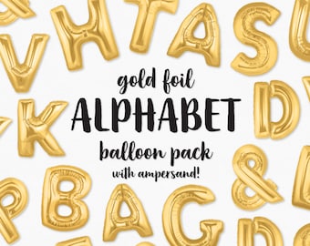 Gold Foil Balloon Letters Clip Art - Gold Letters - Balloon Party Celebration Birthday Graphics - Commercial & Personal - Instant Download