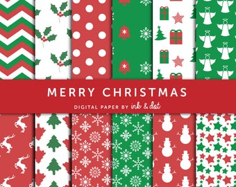 Christmas Digital Paper, Christmas Scrapbooking Paper, Green, Red, White Xmas Patterns - Instant Download