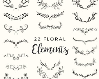 22 Hand Drawn Floral Elements - Leaves, Plants, Nature, Flourish, Branches, Floral Clipart, Wedding, Flowers, Invitation - INSTANT DOWNLOAD!