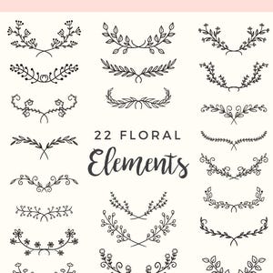 22 Hand Drawn Floral Elements - Leaves, Plants, Nature, Flourish, Branches, Floral Clipart, Wedding, Flowers, Invitation - INSTANT DOWNLOAD!