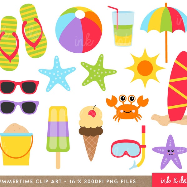 Summertime Beach Clip Art Set - Crab, Starfish, Sand, Bucket, Umbrella, Ice Cream, Sandals, Personal Commercial Use  - INSTANT DOWNLOAD!