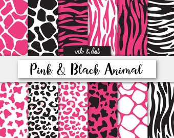 Black & Pink Safari Animal Patterned Digital Paper - Leopard, Tiger, Zebra, Scrapbooking Papers, 12x12 paper patterns - Instant Download