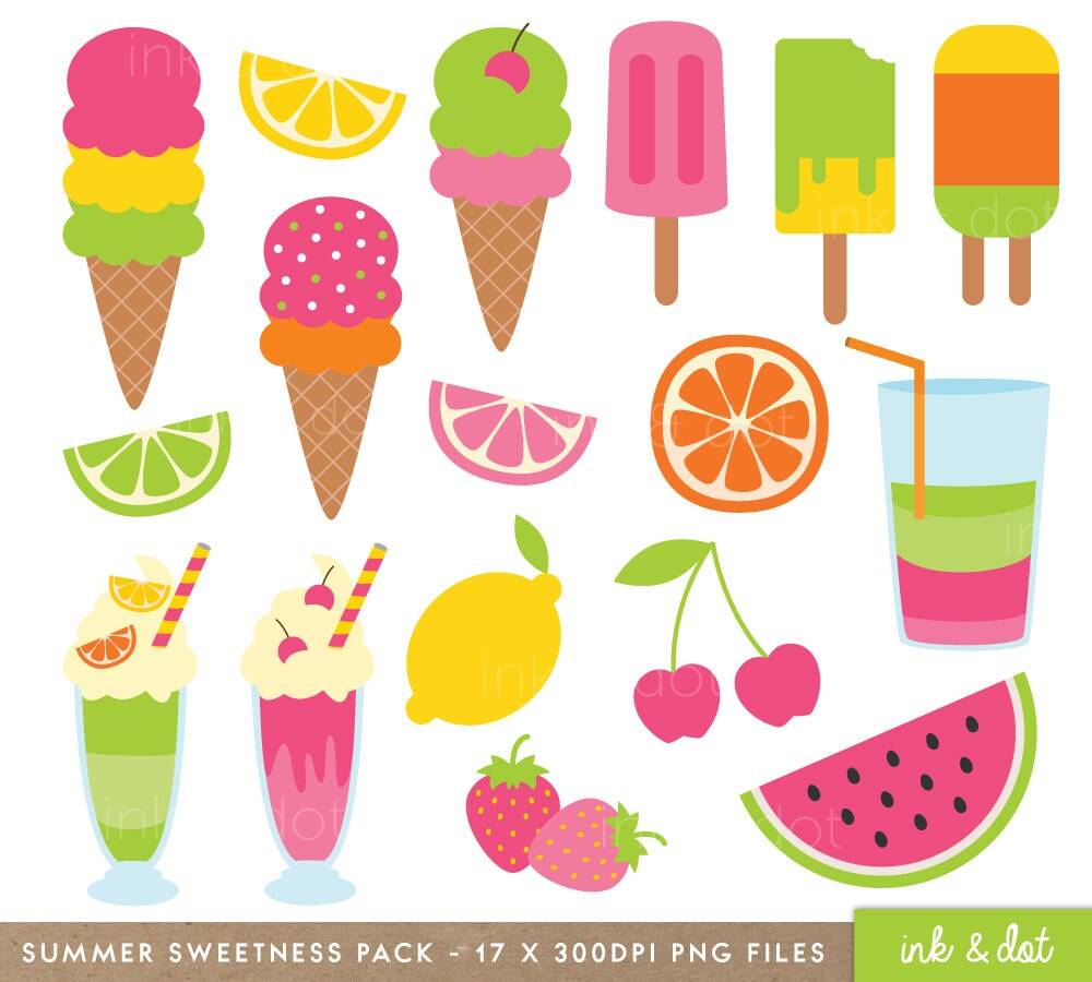 Summer Sweetness Clip Art Set Ice Cream, Milkshakes, Fruit, Smoothies