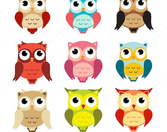 Owl Clip art, Owls Digital Owl clipart, Scrapbook Supplies, Cute Owls Graphic, Colorful Owls, Owl, Clip Art - Instant Download