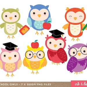 Owl Clip art, School Digital Owl clipart, Scrapbook Supplies, cute, sweet, education, apple - Commercial & Personal - Instant Download
