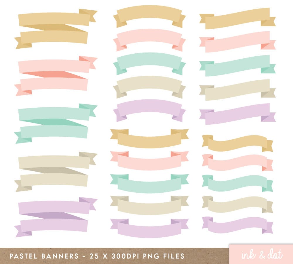 Pastel Banners Clip Art Set Ribbons, Wedding, Flags, Clipart Banners