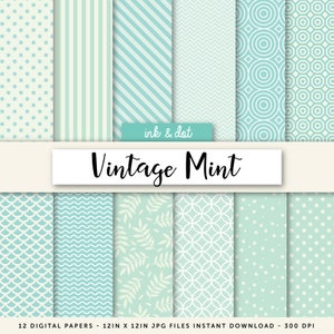 Mint Vintage Digital Paper - Scrapbooking Papers, Patterned Paper, Blue, Green, Polka Dots, 12x12 paper patterns - Instant Download