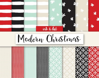 Modern Christmas Patterned Digital Paper - Scrapbooking Papers, Xmas, Simple Festive Holidays Red, 12x12 paper patterns - Instant Download