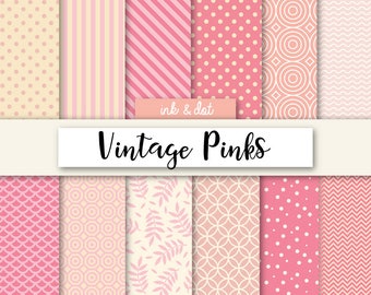 Vintage Pinks Digital Paper - Scrapbooking Papers, Patterned Paper, Pink, Cream, Polka Dots, 12x12 paper patterns - Instant Download