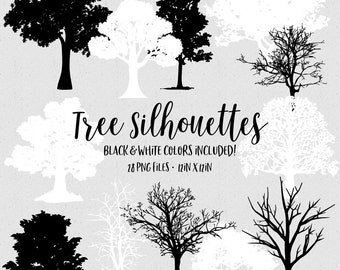 Tree Clip art, Black and White Tree Silhouette Digital clipart, Tree, tree, forest, nature silhouettes, white trees - Instant Download