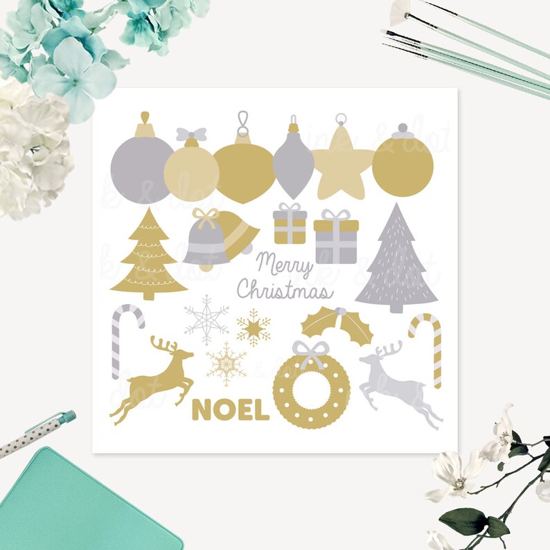 Christmas Gold and Silver Clip Art, Xmas Digital Clipart, Festive