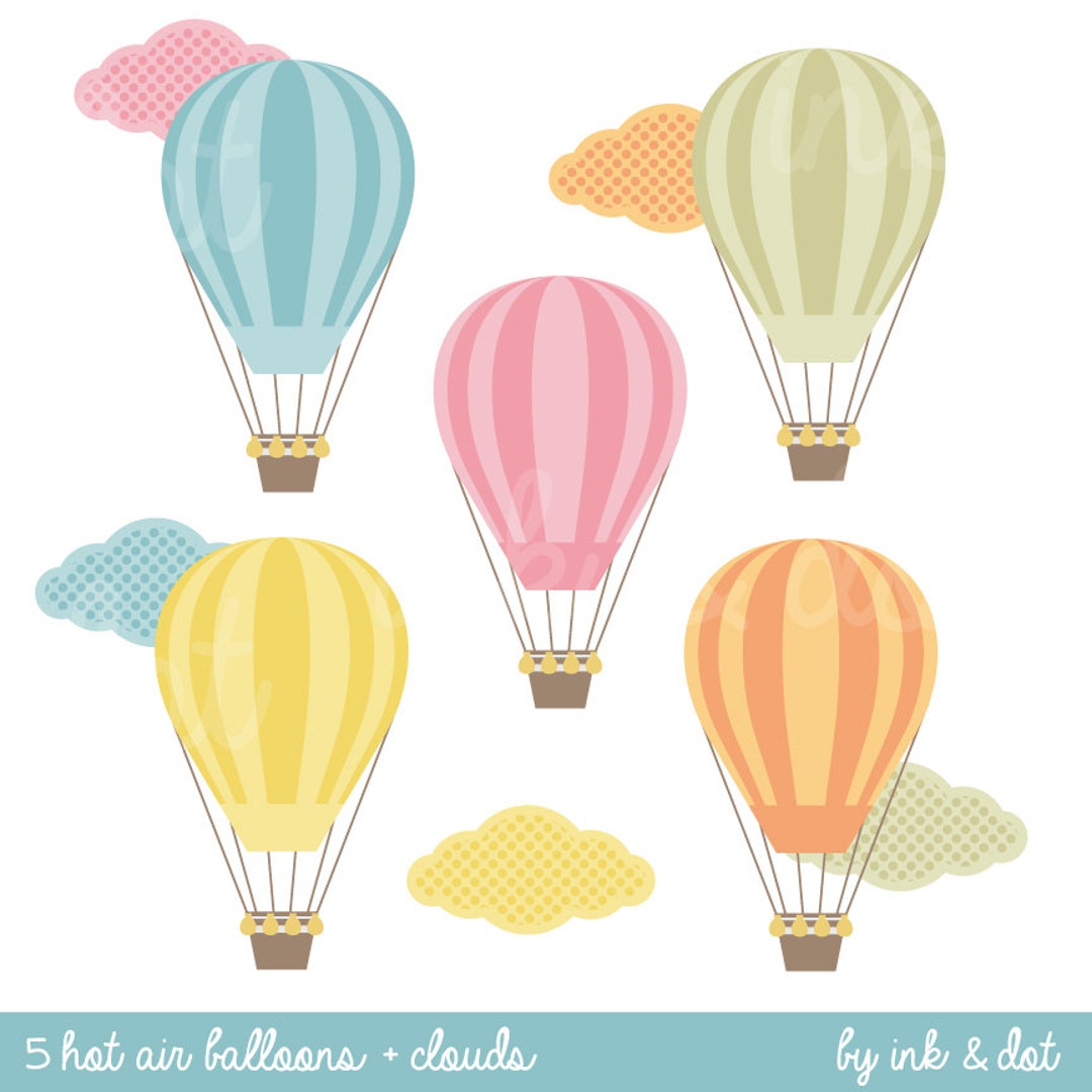 Hot Air Balloon Clip Art, for Wedding Invitations, Clouds, Baby