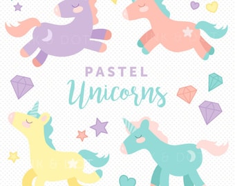 Pastel Unicorn Clipart Pack - Stars, Candy, Unicorn Clip Art, Hearts, Diamonds, Purple, Pink, Baby Shower, Cute Unicorns - Instant Download!
