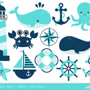 Nautical Clip Art, Ocean Clipart, Whale Clipart, Ocean Beach Birthday Party Nautical clip art - Commercial & Personal