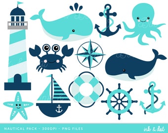 Nautical Clip Art, Ocean Clipart, Whale Clipart, Ocean Beach Birthday Party Nautical clip art - Commercial & Personal