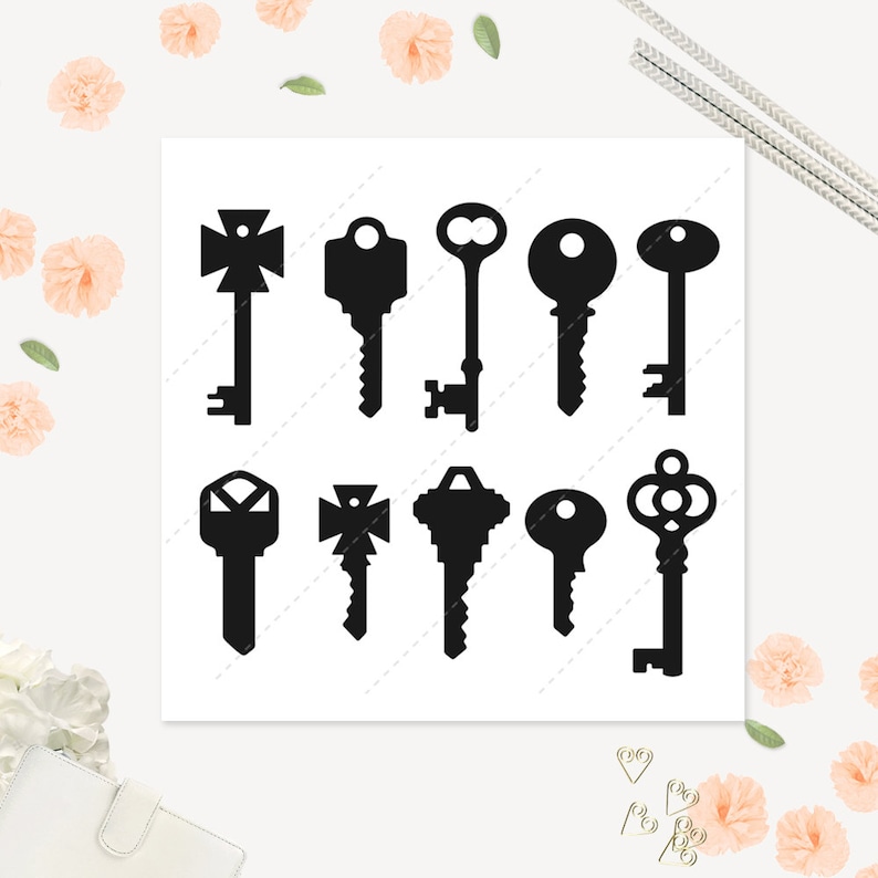 Key Silhouette Clip Art, 21st, wedding, Key Elements, Lock, Assorted Keys, Key, Silhouettes, 21st, lock Instant Download image 1