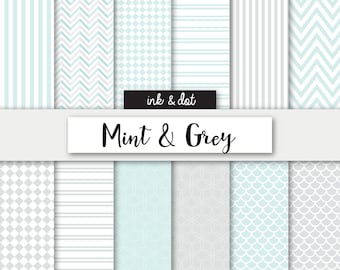 Mint & Grey Blue Patterned Digital Paper - Stripes, Zigzags, Chevron, Floral Scrapbooking Papers, 12x12 paper patterns - Instant Download