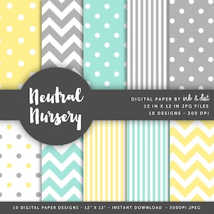 Neutraal kinderdagverblijf digitaal papier - Scrapbookpapier, patroonpapier, stippen, chevron, mint, geel, grijs, baby, jongen, meisje - Instant Download