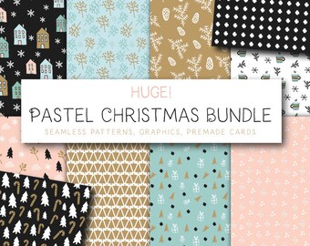 Huge Pastel Christmas Bundle - 100 Festive Assets - Premade Christmas Cards, Festive ClipArt and Seamless Patterns! - Instant Download