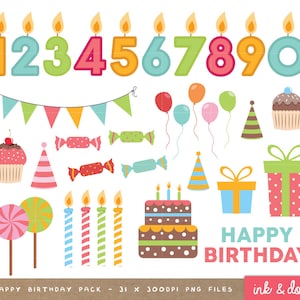 Clip art di buon compleanno: grafica colorata per feste (download immediato)