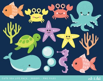 Ocean Clip Art, Nautical Clipart, Sea Life Clipart, Whale Clipart, Ocean Party, Summer Clipart, Sea, Turtle, Beach Clipart Instant Download