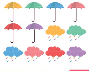 Umbrella and Rain Clouds Clip art, Winter Autumn weather clipart, Scrapbook Supplies, Season - Commercial & Personal - Instant Download