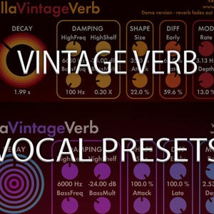 May include: A digital audio interface display for ValhallaVintageVerb featuring two stacked panels with control knobs and settings. The top panel is dark red with orange accents, while the bottom panel is dark purple with blue accents.