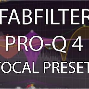 Könnte beinhalten: Eine digitale Benutzeroberfläche für die Software FabFilter Pro-Q 4 mit dem Text FABFILTER PRO-Q 4 VOCAL PRESETS in weißen Großbuchstaben auf dunklem Hintergrund, überlagert von farbigen Frequenzgangkurven und Audiospektrum-Linien.