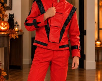 Michael Jackson for kids cosplay  Halloween party Thriller Red  Leather Jacket & Pant Costume  Outfit