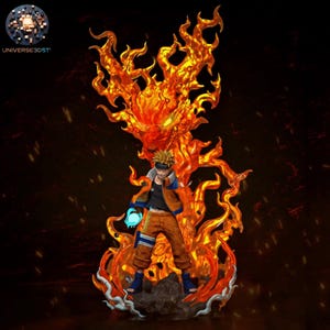May include: A detailed anime character figurine featuring a spiky-haired figure in an orange and black outfit, standing before a large, translucent orange flame effect. The figure holds a glowing blue orb in one hand, set against a dark background.