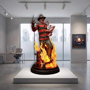 Könnte beinhalten: Eine detaillierte Figur eines Charakters mit braunem Fedora und einem rot-dunkelgrün gestreiften Pullover, mit einem Klauenhandschuh an einer Hand und mehreren kleinen Armen, die aus dem Oberkörper ragen, auf einem Sockel mit modellierten Flammen.