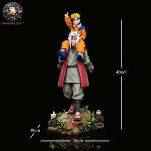 以下が含まれることがあります： 高さ40cmのフィギュアで、オレンジ色の服を着た黄色い髪のキャラクターが、グレーと赤の服を着た長い白髪のキャラクターの肩に乗っており、底面が19cm×18cmの岩のような台座の上に立っています。