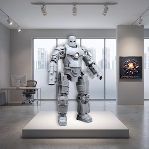 May include: A light gray, full-body robotic suit figurine featuring a rounded helmet, articulated joints, and a circular chest plate design. The figure stands in a humanoid pose with detailed mechanical plating on the arms, legs, and torso.