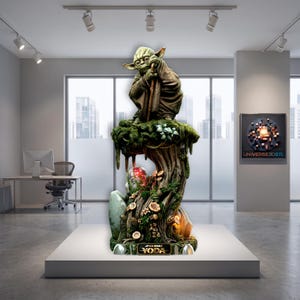 Peut inclure: Une figurine détaillée de Yoda perchée sur une base en forme de souche d'arbre texturée et moussue. La base présente des petits champignons, du feuillage vert et une tête de droïde. Une plaque indique Star Wars Yoda. Tons verts et bruns.