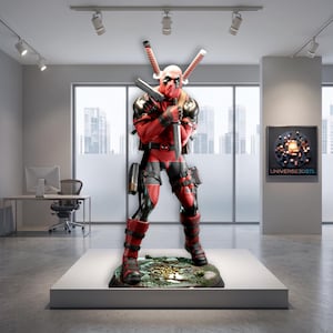 Puede incluir: Una figura detallada de Deadpool sobre una base texturizada, con un traje rojo y negro con cinturones utilitarios, fundas y bolsillos. El personaje sostiene una espada plateada y una pistola, con dos empuñaduras de katana visibles tras los hombros.