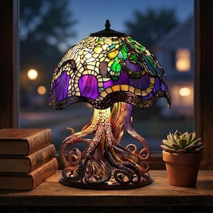 Könnte beinhalten: Eine Tischlampe mit einem Buntglasschirm in violetten, grünen und gelben Mustern. Der Sockel ist wie Oktopustentakel geformt und hat eine texturierte, bräunlich-goldene Oberfläche. Die Lampe strahlt ein warmes Licht unter dem Schirm aus.