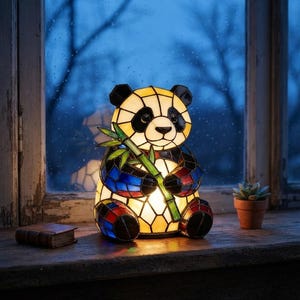 Bambu Panda Målat Glas Tiffany Svart Vit Blå Röd - LED Nattlampa Harts USB-kabel 16cm - Dekoration - Perfekt Gåva för Djurälskare