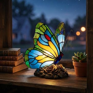 Może przedstawiać: Lampa w kształcie motyla wykonana z witrażu z żywymi niebieskimi, żółtymi i zielonymi panelami. Lampa spoczywa na ciemnej, teksturowanej podstawie wyrzeźbionej na kształt róży z liśćmi. Skrzydła motyla są podświetlone od wewnątrz ciepłym światłem.