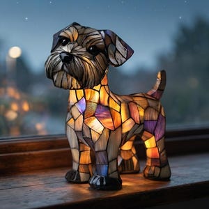May include: A dog-shaped lamp constructed from multicoloured stained glass pieces in shades of amber, purple, and blue. The lamp features a textured, mosaic-like surface that glows from within, depicting a terrier-like canine with dark eyes and ears.