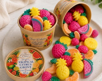 May include: Two round cardboard containers filled with colorful fruit-shaped wax melts, including pink strawberries, yellow pineapples, orange citrus slices, and watermelon wedges. One container is upright, one is tipped over, and a lid sits nearby.