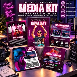 Op de afbeelding: Een sjabloonbundel voor een mediakit voor muziekartiesten met meerdere promotiekaarten met neonroze tekst en afbeeldingen. De kaarten tonen artiesteninformatie, details over liveoptredens, muziek-afspeellijsten en contactgegevens.