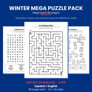 May include: A Winter Mega Puzzle Pack featuring 53 puzzles including mazes, word searches, spot the difference, and codes. The digital document includes 68 pages in both English and Spanish, available in A4 and US Letter sizes for instant download.