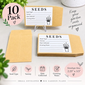 May include: A 10-pack of tan paper seed envelopes featuring a white label with the text SEEDS, lines for Seed Type, Variety, Date Collected, and Growing Notes, and a small illustration of a potted plant. Each envelope measures 5.7 cm by 8.9 cm.