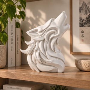May include: A white, stylized wolf head sculpture depicted in a howling position. The figure features smooth, flowing, layered curves that define the fur and facial structure, with the snout pointed upward and visible teeth in the open mouth.