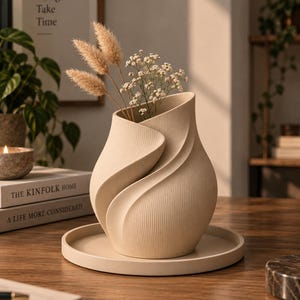 Op de afbeelding: Een crèmekleurige keramische vaas met een gestructureerd, geribbeld oppervlak en een wervelend, gelaagd ontwerp. De vaas staat op een bijpassend rond dienblad en bevat een klein arrangement van gedroogde beige grassen en witte bloemetjes.
