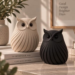 May include: Two owl figurines, one in cream and one in black, featuring smooth, rounded bodies with vertical carved lines, prominent facial discs, and dark, circular eyes. The cream owl rests on a stack of two books titled The Kinfolk Home.