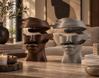 Escultura abstracta de rostro, busto de arte moderno con cintas, decoración minimalista para el hogar, estatua contemporánea, regalo único, decoración de arte moderno